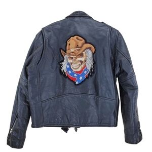 Vtg Leather Biker Jacket Rebel Skull Dixie Cowboy Men 44 L Z1R Black Bomber Coat